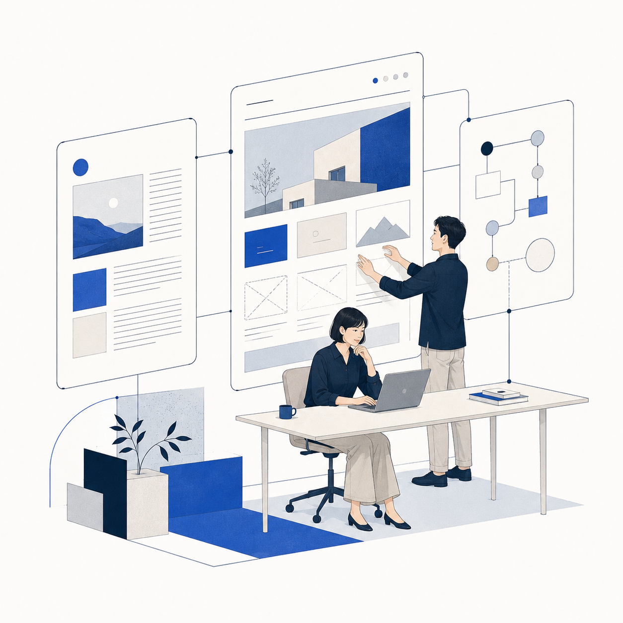 記事・Webサイト・業務ツールの画面を囲み、制作を進める人物のイラスト
