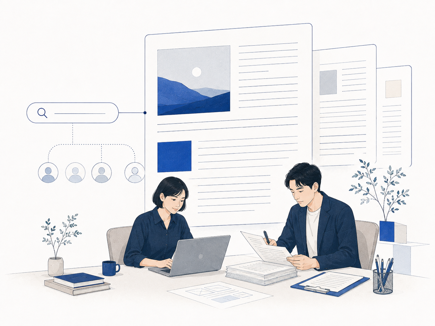 検索する人に届く記事を、執筆と原稿確認で仕上げる制作風景のイラスト